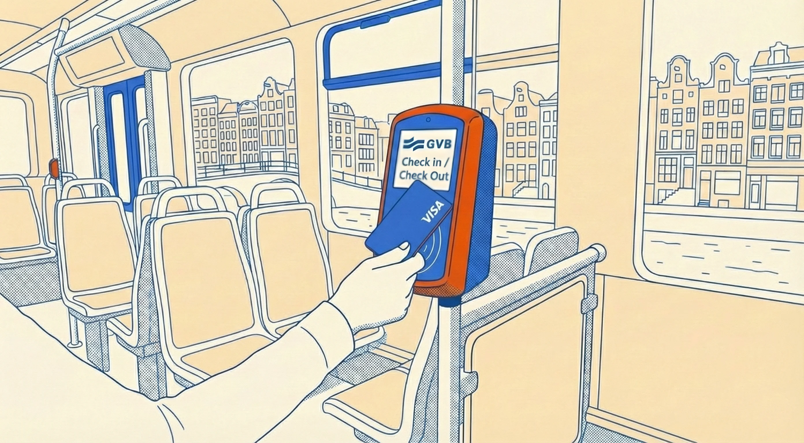 Blue and white GVB tram moving through Amsterdam city streets