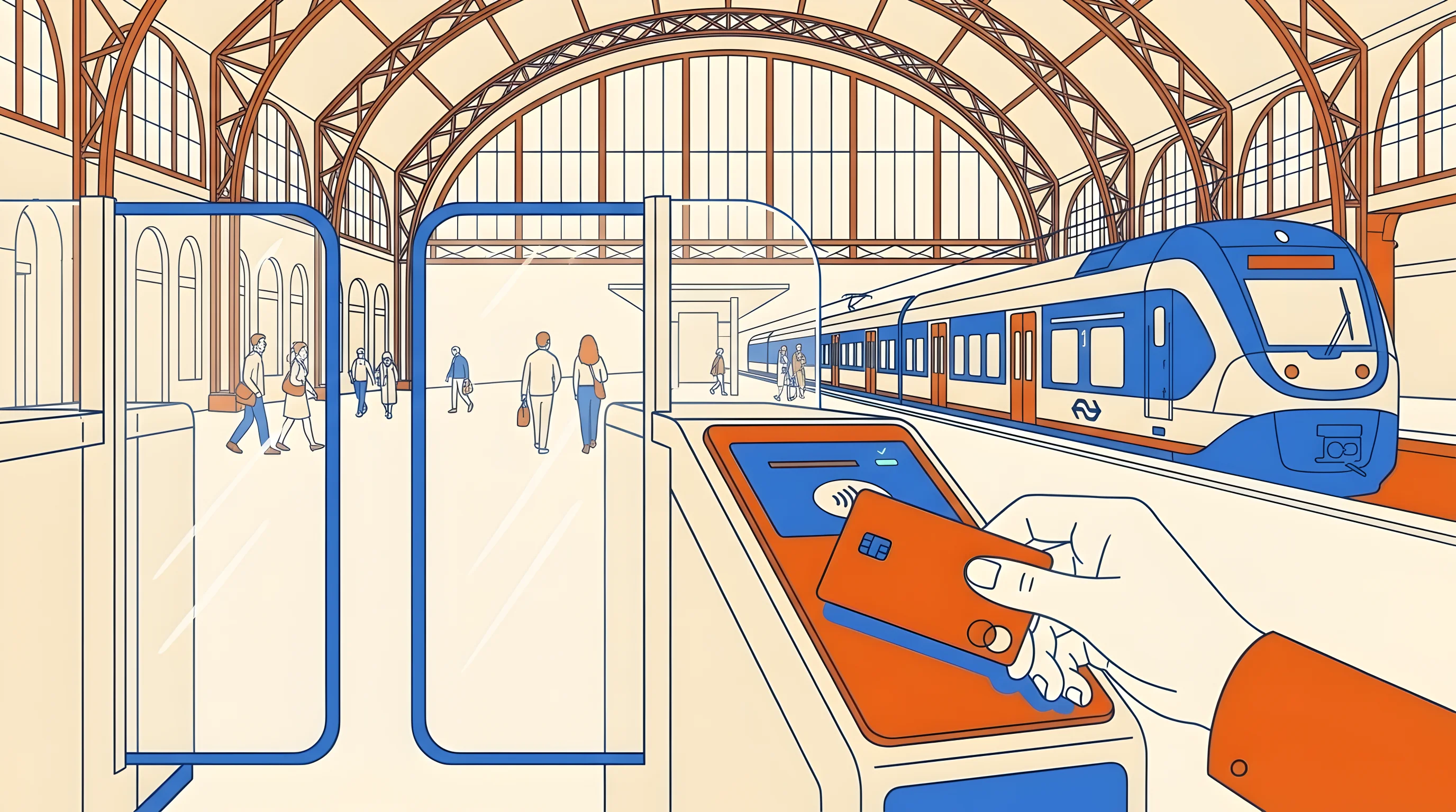 Yellow and blue NS train waiting at an Amsterdam platform