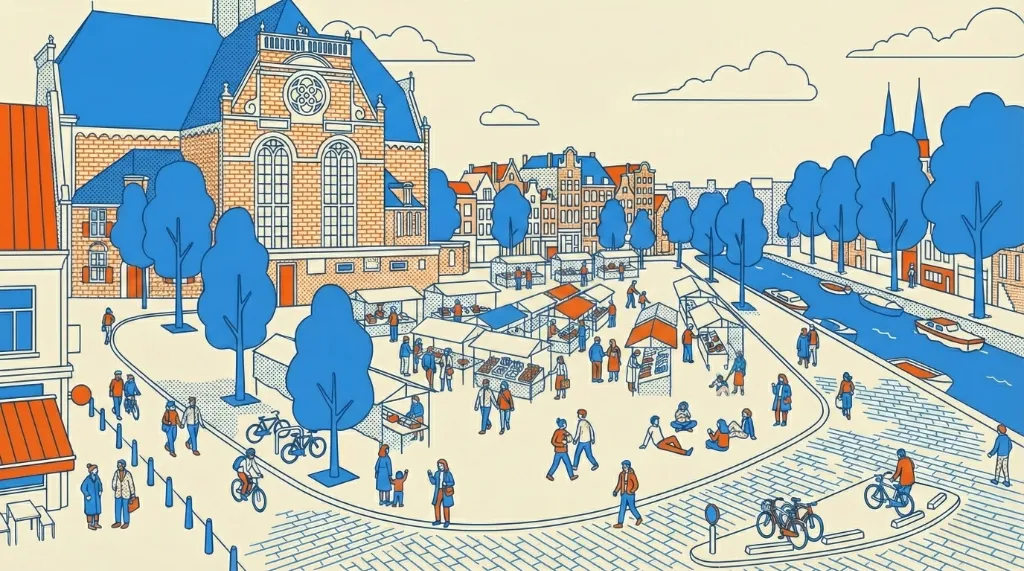 Jordaan neighborhood illustration - historic church and market square with people walking and cycling