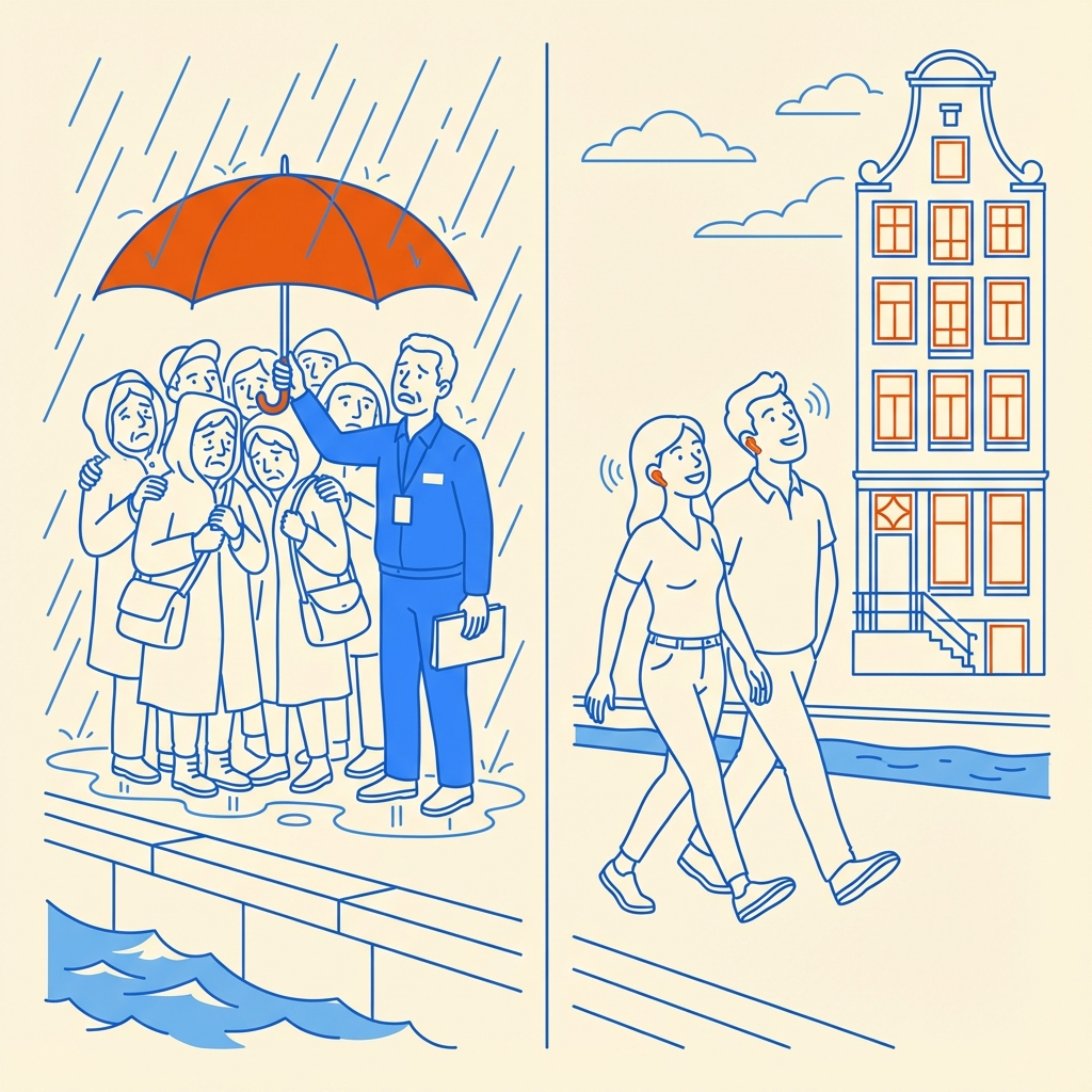 Contrast illustration: crowded umbrella tour vs peaceful solo traveler